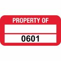 Lustre-Cal PROPERTY OF Label, Polyester Dark Red 1.50in x 0.75in  1 Blank Pad & Serialized 0601-0700, 100PK 253772Pe2Rd0601